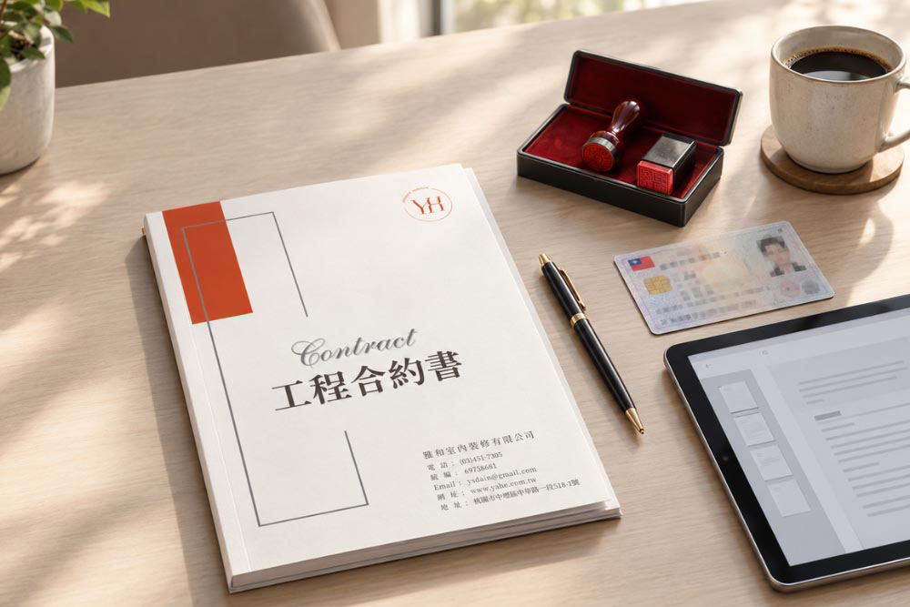 雅和室內設計合約簽署桌面照，公司大小章與透明流程